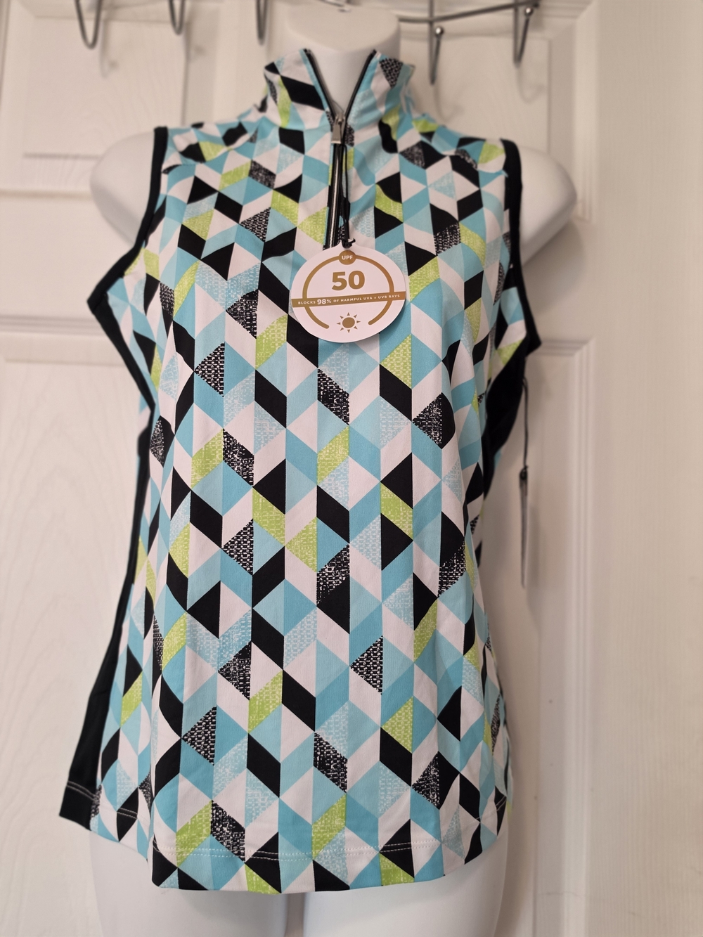 Sleeveless Geo Print Zip-Front Women’s Top - Aqua/Black/Green Size XS
